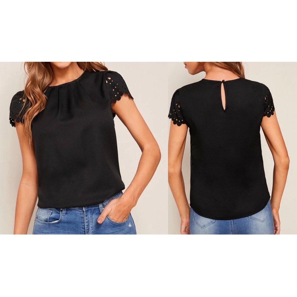 Shein Scallop Trim Laser Cut Sleeve Pleated Detail Top - Black- Size M